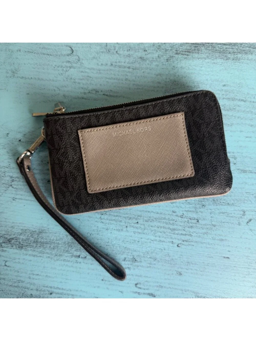 Michael Kors Black & Gray MK Signature Bedford Large Double Zip Wristlet Wallet